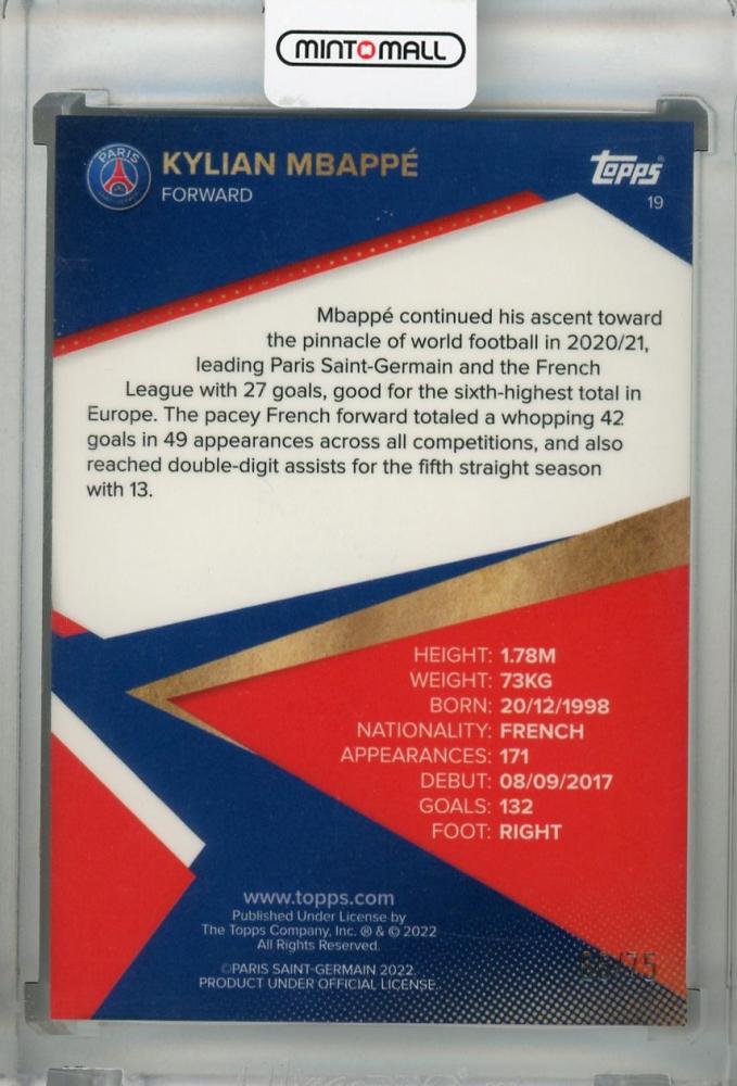 2021-22 Topps Paris Saint-Germain Team Set Kylian Mbappe Aqua Foil parallel cards numbered 66 of 75
