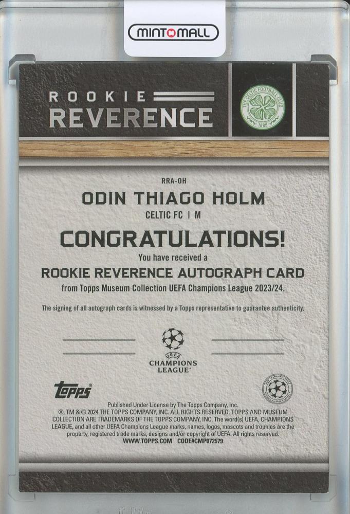 2023-24 Topps Museum Collection UCL Odin Thiago Holm RC Auto Rookie Reverence #RRA-OH03/50 Celtic FC