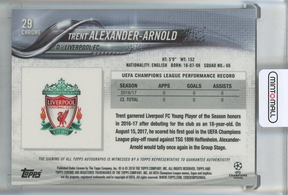 2017-18 Topps Chrome Trent Alexander Arnold Auto #29 Liverpool FC