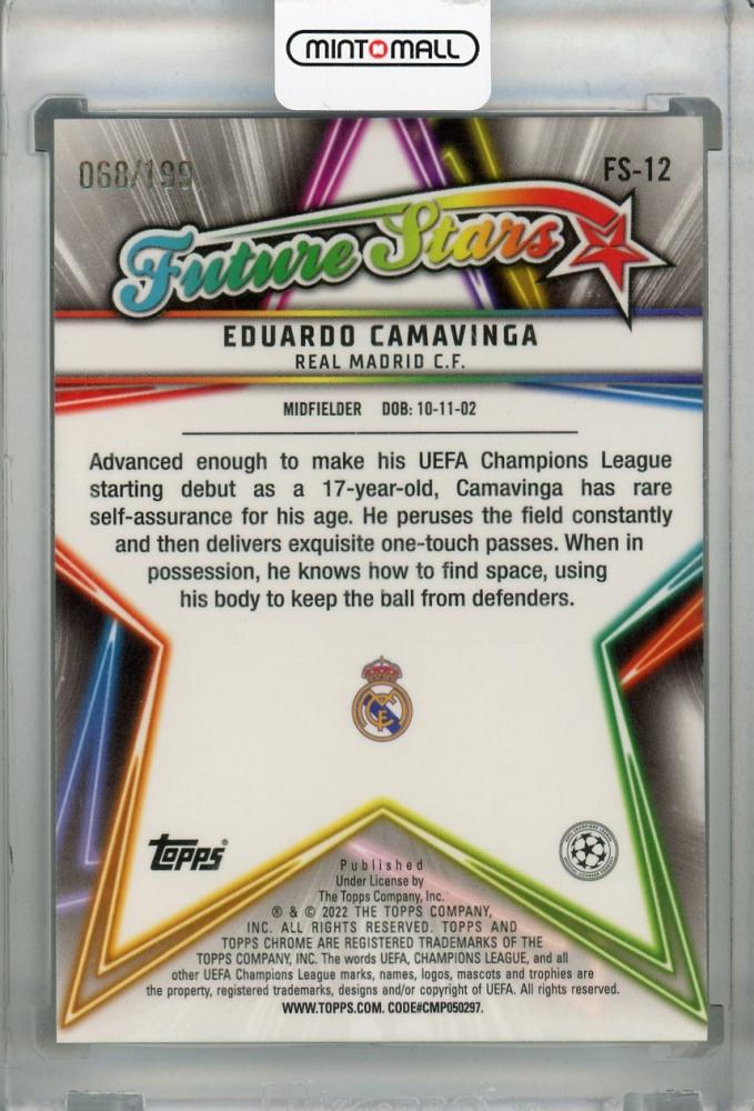 2021-22 Topps Chrome UEFA Champions League trading card featuring Eduardo Camavinga Real Madrid Aqua Parallel 068/199