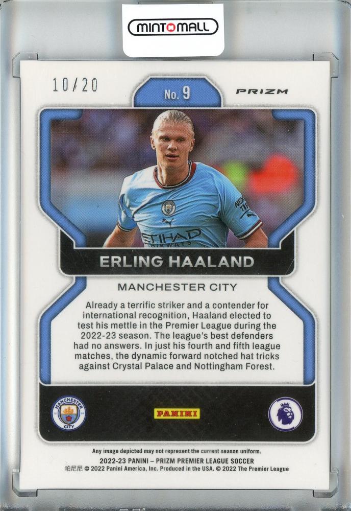 2022-23 Panini Prizm Premier League Soccer Erling Haaland Base/Purple Mojo Prizms/#910/20 Manchester City *minor stain on back