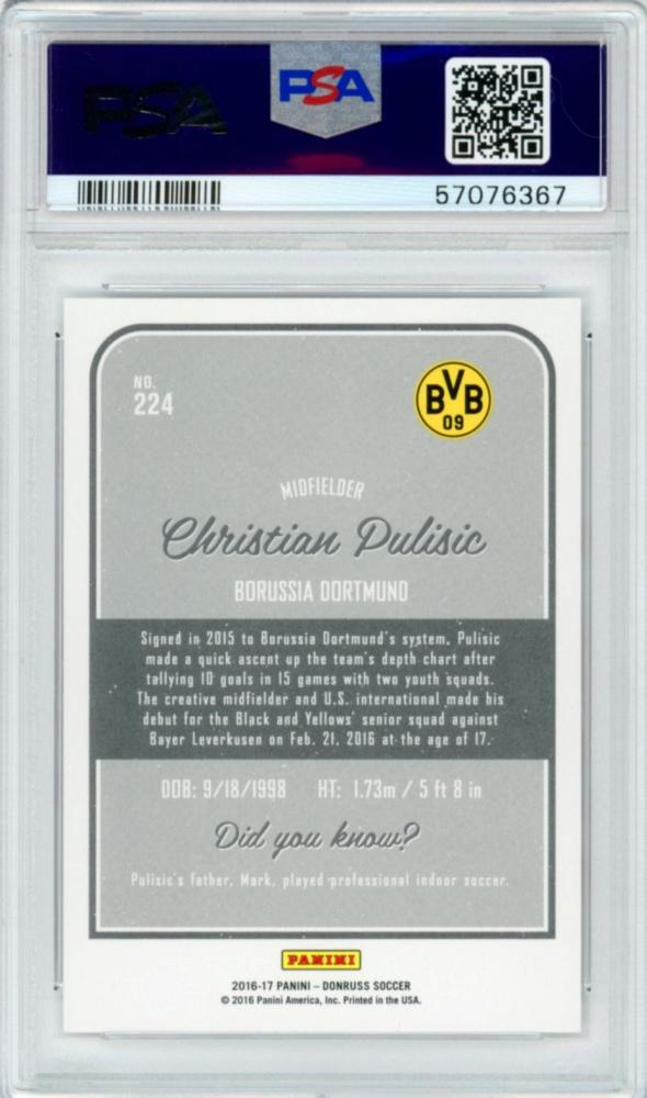 PSA10 graded 2016 Panini Donruss Christian Pulisic DEBUTS trading card number 224