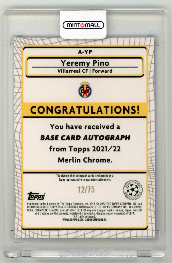 2021-22 TOPPS Merlin Chrome UEFA League Autographs Blue Parallels Yeremy Pino 12/75 Villarreal CF