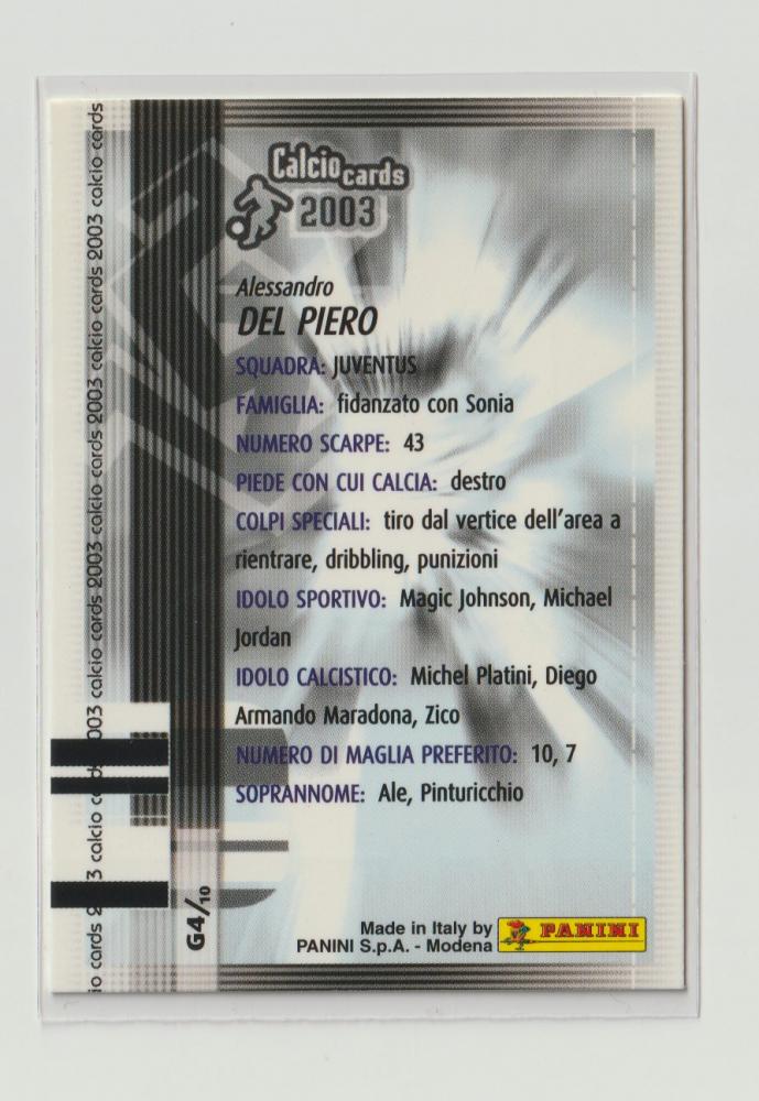 2003 Panini Calcio I Grandi trading card #G4 featuring Alessandro Del Piero