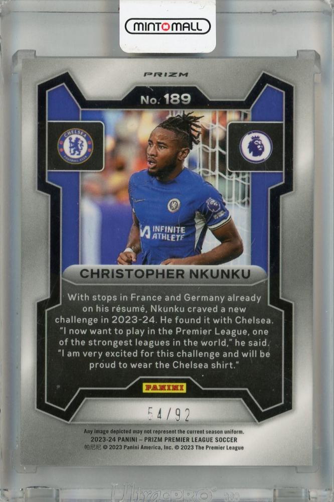 2023-24 Panini Prizm Premier League Christopher Nkunku Purple and White Stripes Prizms #189 *dent and back scratches 54/92 Chelsea