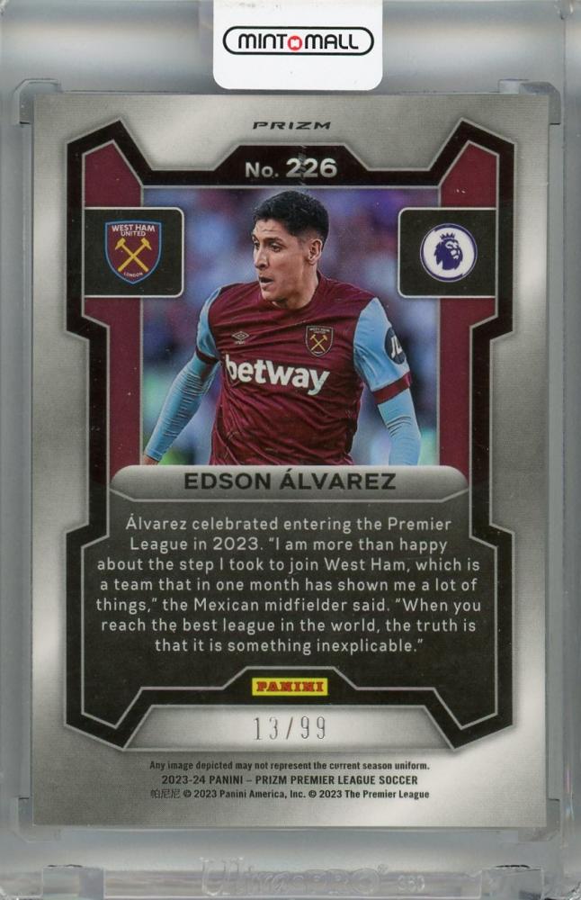 2023-24 Panini Prizm Premier League Edson Alvarez Breakaway Prizms Blue #226 *minor dent on back 13/99 West Ham United