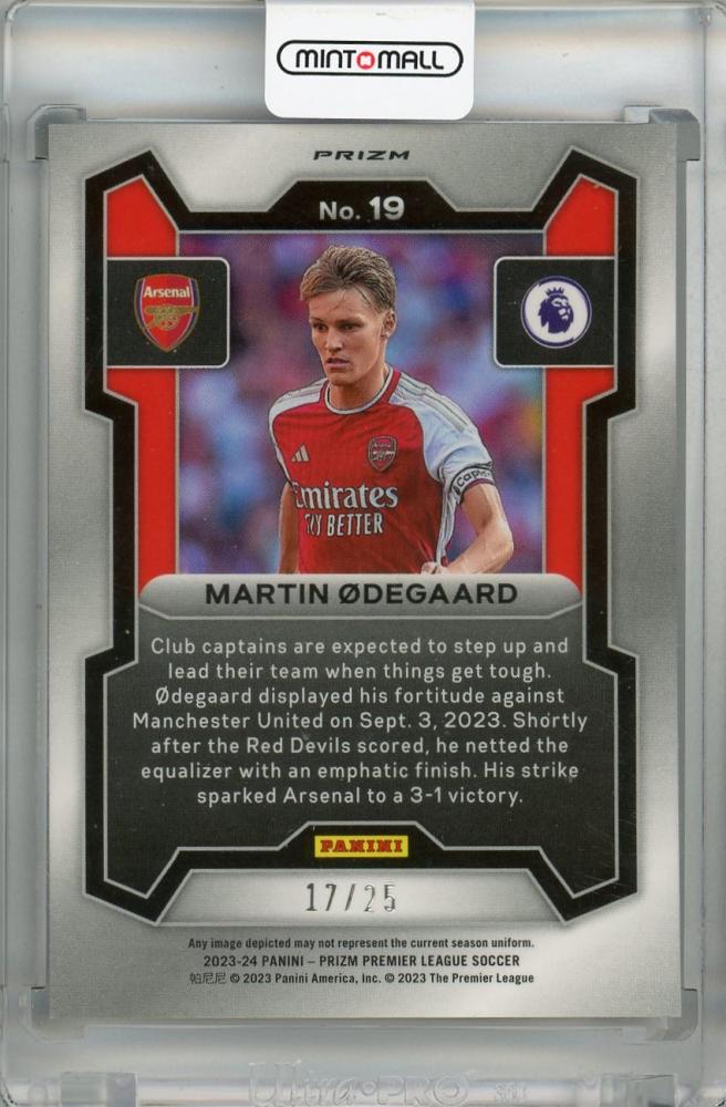 2023-24 Panini Prizm Premier League Martin Odegaard Purple Mojo Prizms #19 *minor stain on back 17/25 Arsenal