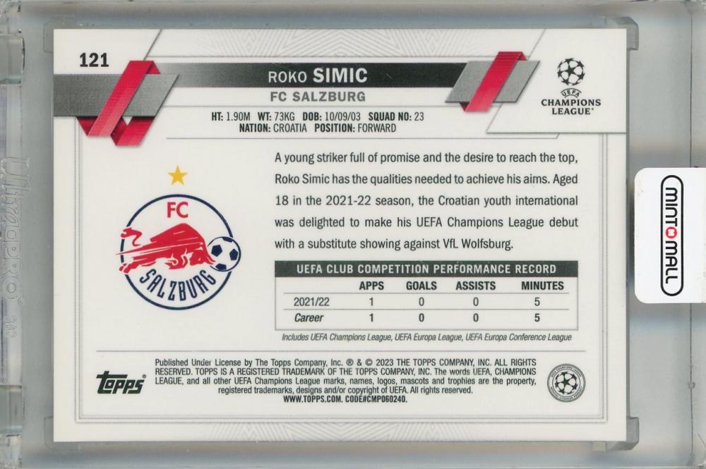2022-23 Topps Chrome UEFA Club Competitions Roko Simic Base Hero Variation #121 RC *minor stain on back FC Salzburg
