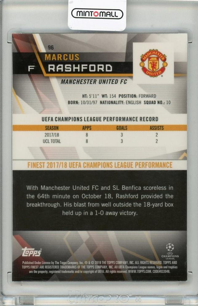 2018-19 Topps Finest UEFA Champions League Manchester United Marcus Rashford Base Refractor trading card