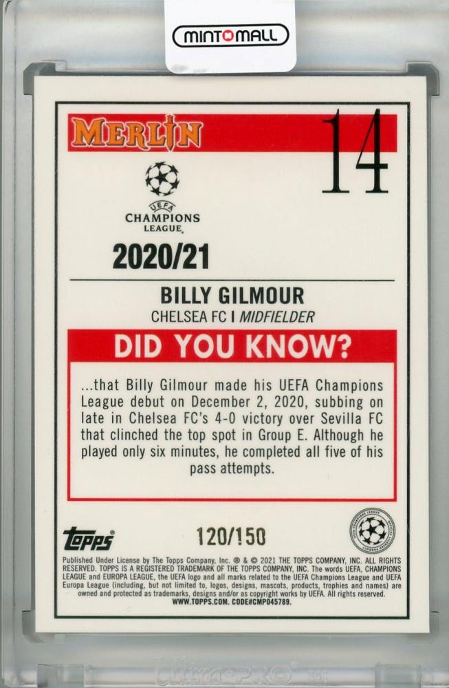 2020-21 Topps Merlin Chrome UEFA Chelsea FC Billy Gilmour Speckle Parallel trading card 120 of 150