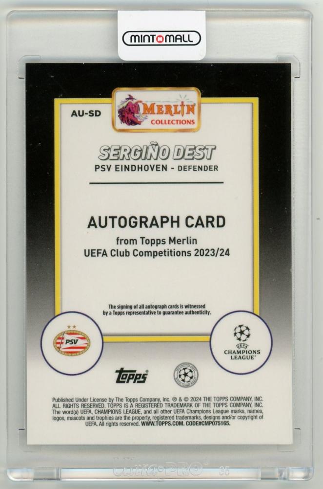 2023-24 Topps Merlin UEFA Club Competitions Sergino Dest AutographsAU-SD PSV Eindhoven
