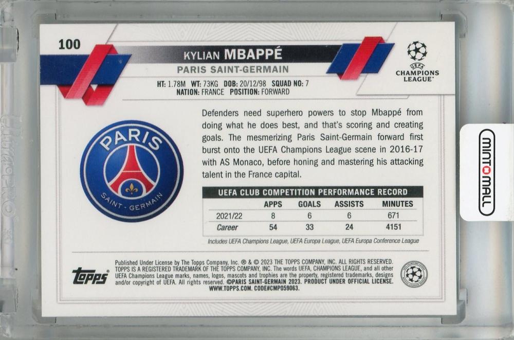2022-23 Topps UEFA Club Competitions Kylian Mbappe Super Short Prints #100 SSP *Minor stain on back Paris Saint-Germain