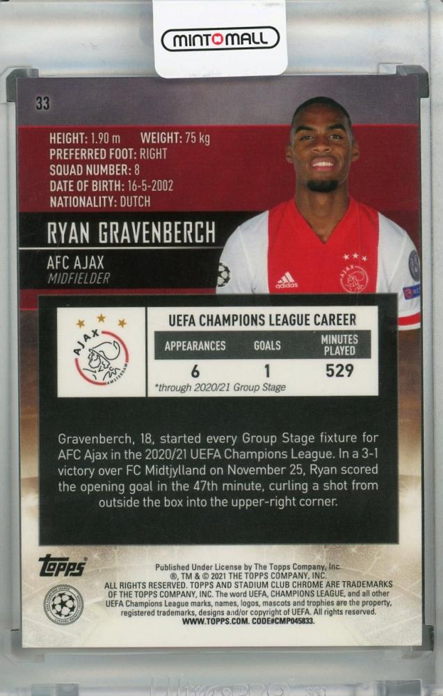 2020-21 Topps Stadium Club Chrome UEFA Champions League trading card of Ryan Gravenberch from AFC Ajax