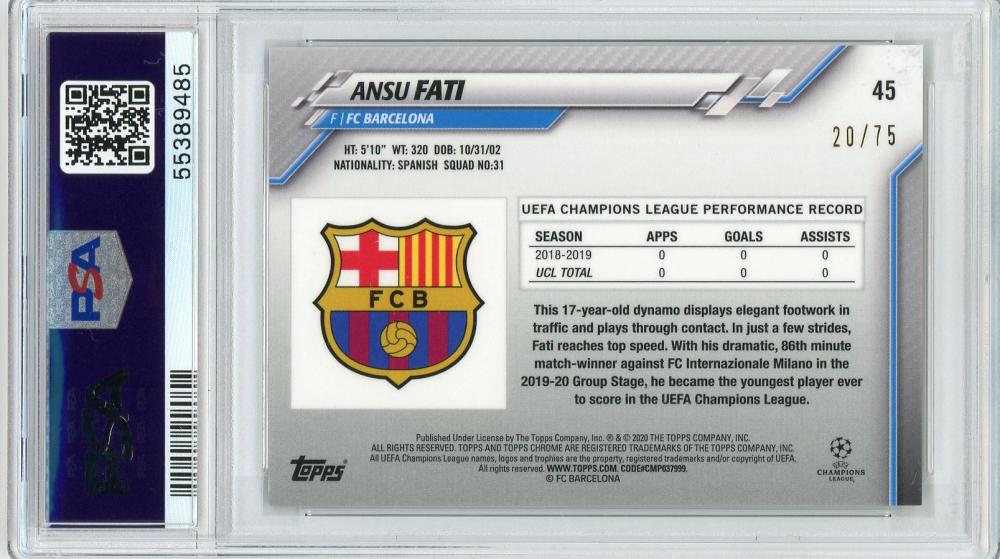 2019-20 Topps Chrome UEFA Champions League Ansu Fati Base Blue Wave parallel card PSA certified 20 of 75