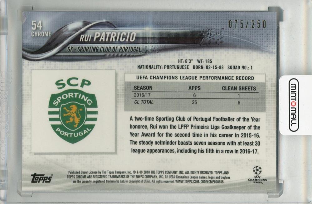 2017-18 TOPPS Chrome UEFA Champions League Rui Patricio Purple Refractors #54075/250 Sporting CP