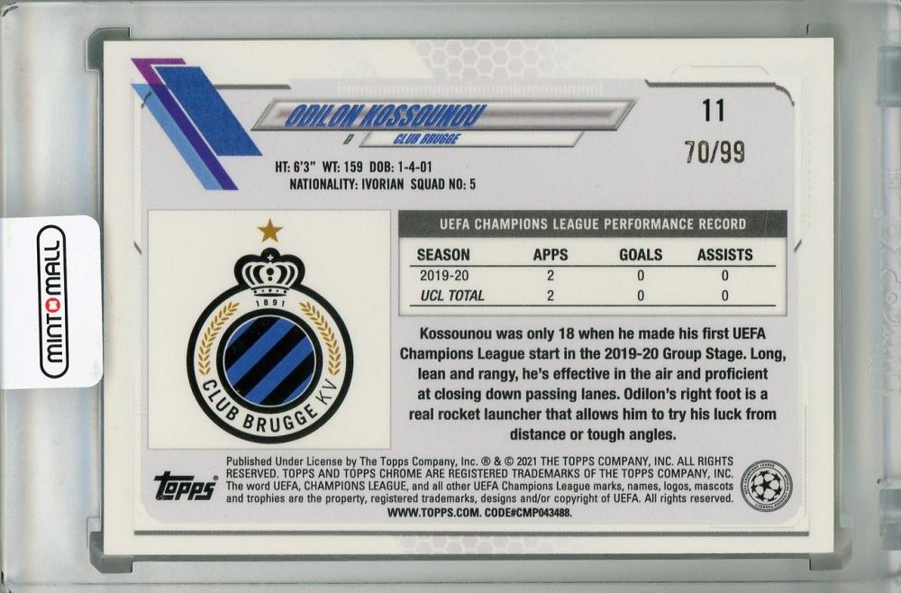 2020-21 Topps Chrome UEFA Champions League Odilon Kossounou Club Brugge Neon Green parallel card number 70 of 99
