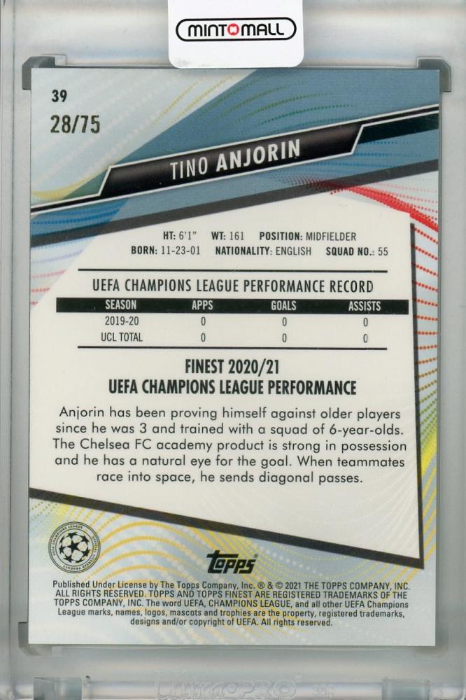 2020-21 Topps Finest UEFA Champions League Chelsea FC Tino Anjorin Base Aqua parallel trading card number 28/75