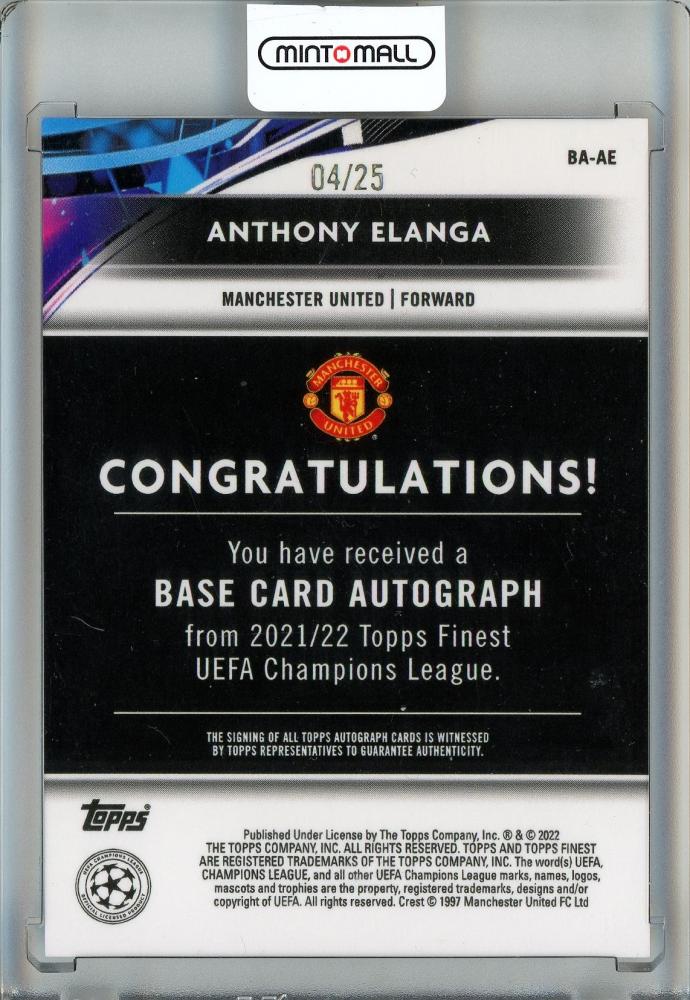 2021-22 Topps Finest UEFA Champions League Anthony Elanga RC/Base Autographs/Orange Wave Refractors/#BA-AE04/25 Manchester United