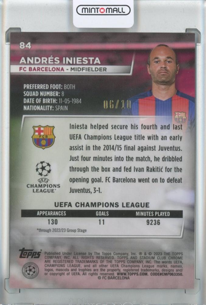 2022-23 Topps Stadium Club Chrome UEFA Club Soccer Andres Iniesta Orange Blue Electric 06/10