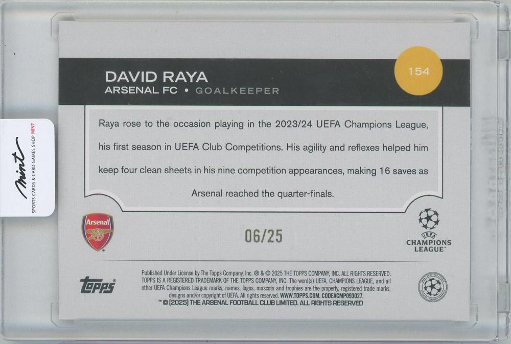 2024-25 TOPPS UEFA Club Competitions Orange Foilboard #154 / DAVID RAYA(Arsenal) 06/25