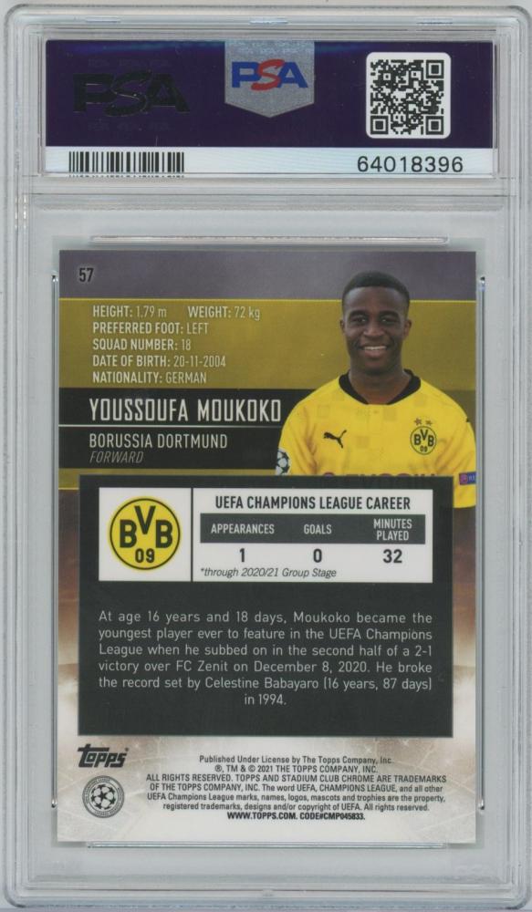 2020-21 TOPPS Stadium Club Chrome UEFA Champions League trading card of Youssoufa Moukoko Borussia Dortmund PSA10 Gem Mint