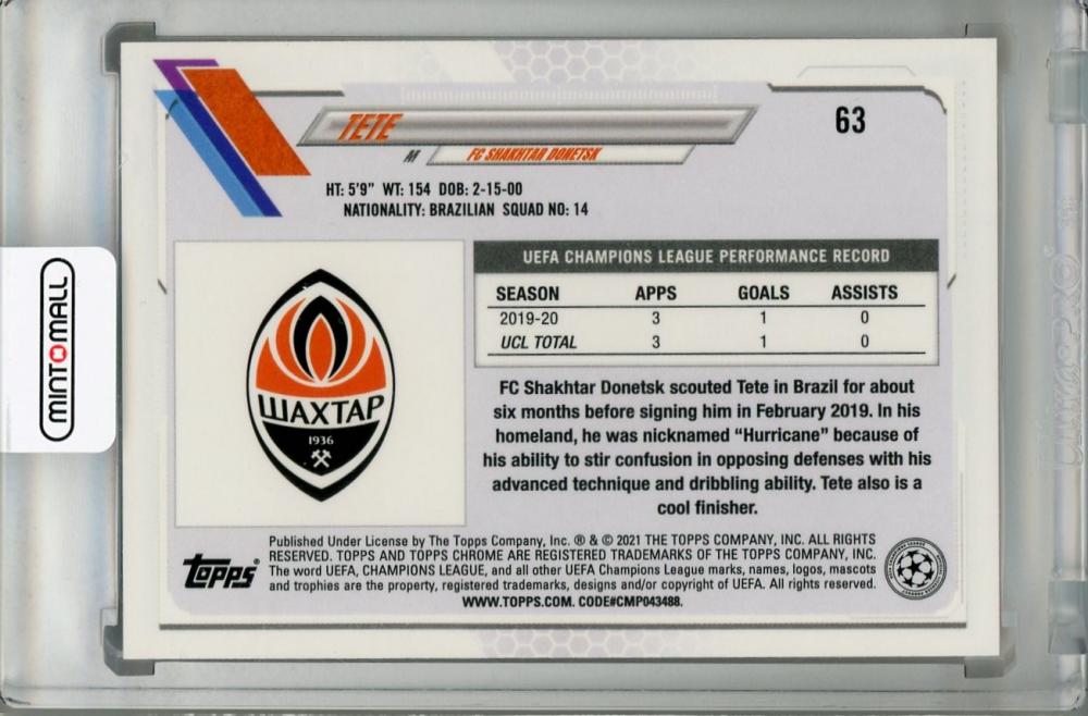 2020-21 Topps Chrome UEFA Champions League FC Shakhtar Donetsk Tete Base Orange Bubbles trading card