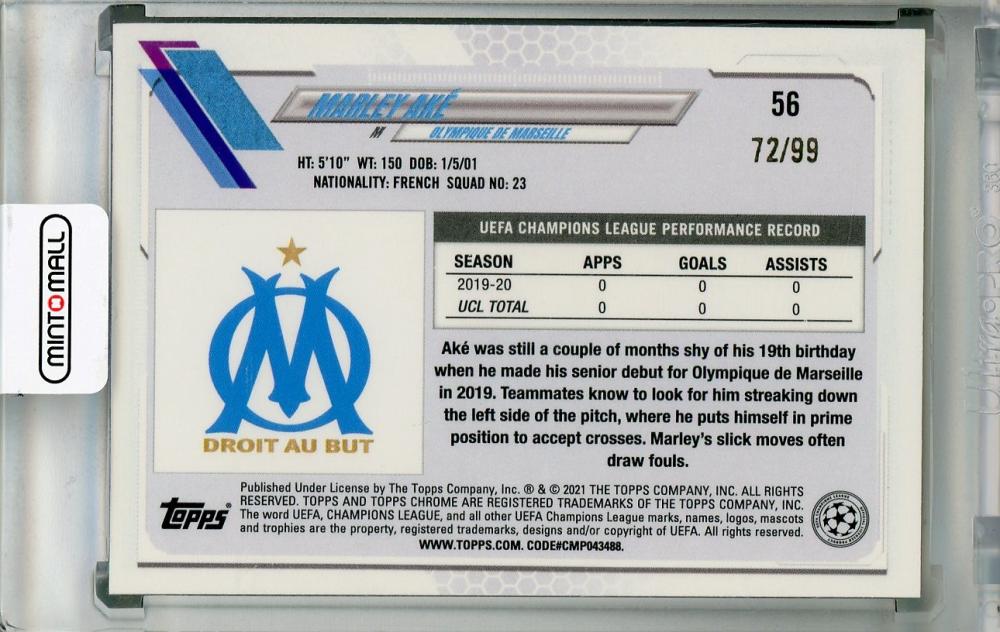 2020-21 Topps Chrome UEFA Champions League Marley Ake Olympique de Marseille Neon Green parallel trading card