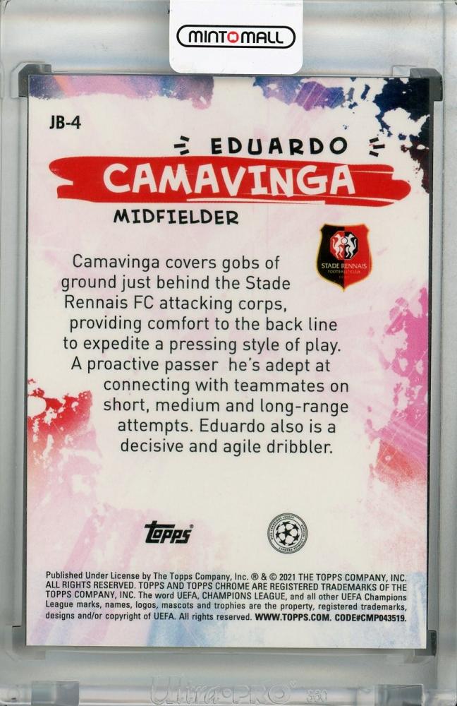 2020-21 Topps Chrome UEFA Champions League trading card of Stade Rennais FC player Eduardo Camavinga Joga Bonito