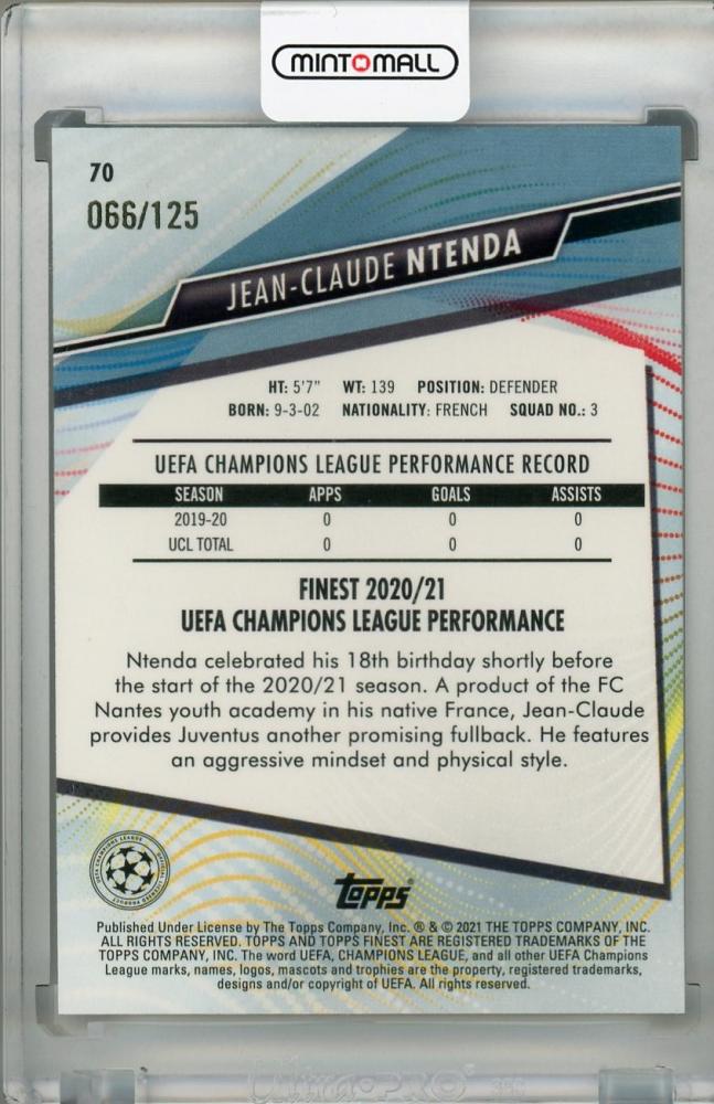 2020-21 Topps Finest UEFA Champions League Juventus Jean-Claude Ntenda Base Speckle Parallel card number 066 of 125
