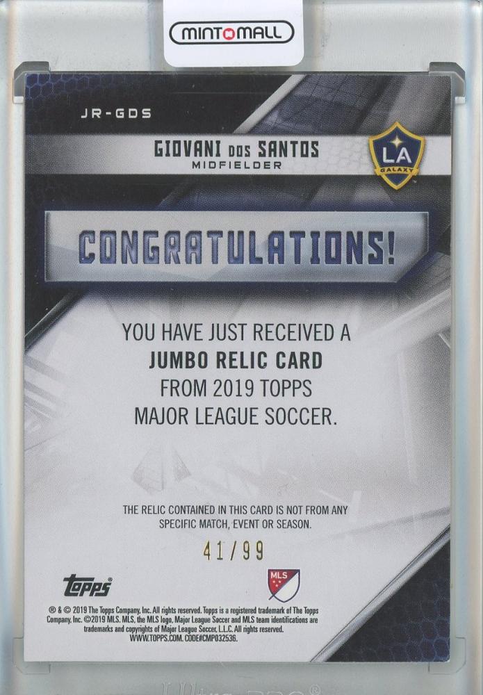 2019 Topps MLS Giovani dos Santos Jumbo Relics #JRGDS41/99 LA Galaxy