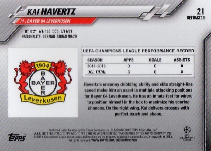 2019-20 Topps Chrome Champions League Kai Havertz football trading card Refractor edition