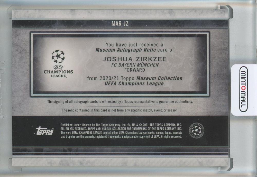 2020-21 Topps Museum Collection UEFA Champions League Joshua Zirkzee Autograph Relics Ruby #MARJZ02/25 FC Bayern Munchen