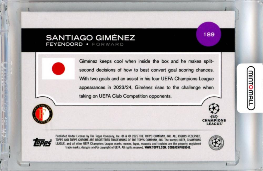 2025 Topps Uefa Japan Edition Santiago Gimenez #189 Base Orange Mojo Parallel07/25 Feyenoord