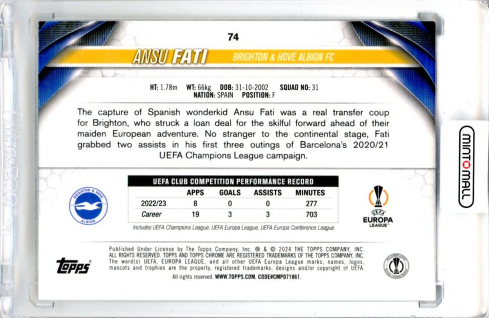 2023-24 Topps Chrome UEFA Club Competitions Ansu Fati #74 Base Color Match Parallel24/99 Brighton & Hove Albion FC