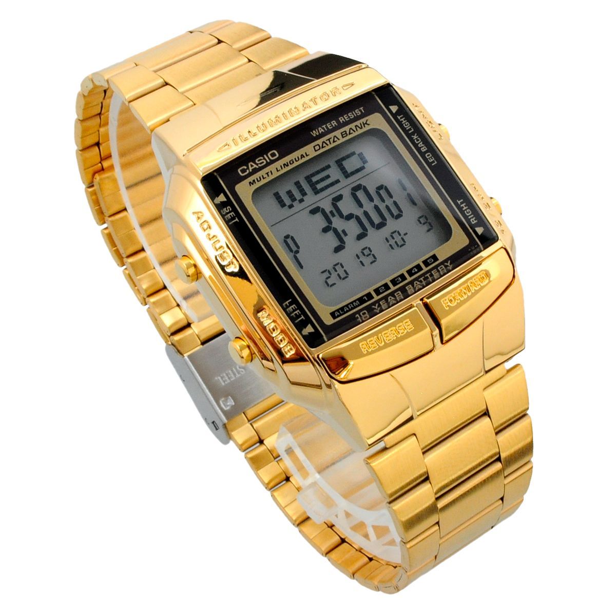 Casio Data Bank Watch Model DB-360G-9A with Gold Dial and Stainless Steel Band — Japan Import