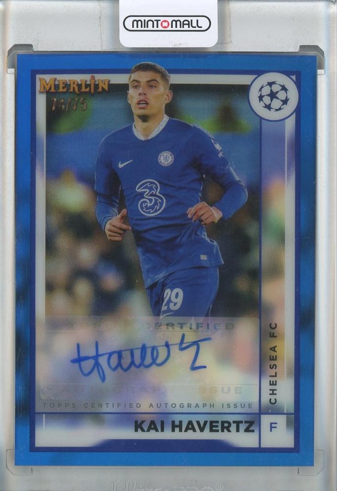 2022-23 Topps Merlin UEFA trading card featuring Kai Havertz Blue Refractors #ACKH74/75 Chelsea FC