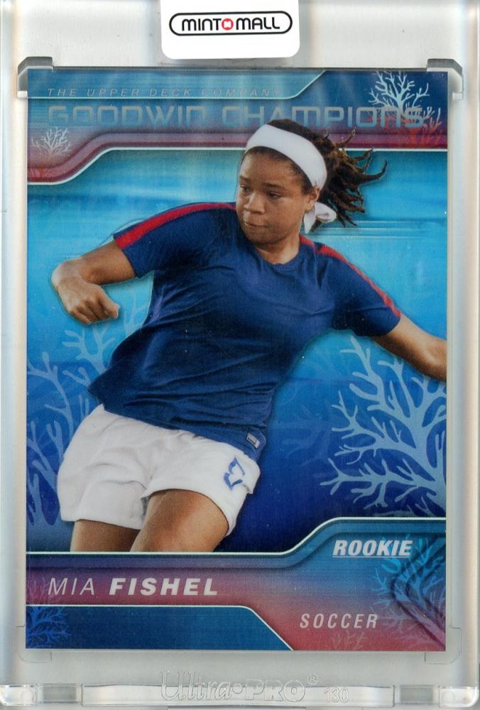 2023 Upper Deck Goodwin Champions Soccer Mia Fishel Rookie Base Platinum Aquamarine Parallel card numbered 05 of 75