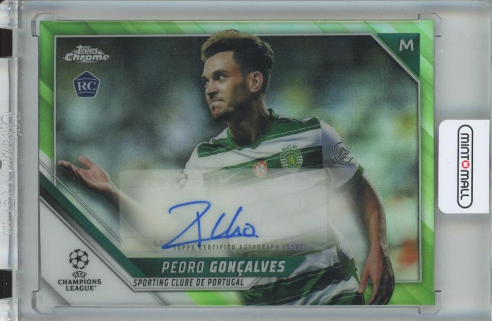 2021-22 Topps Chrome UEFA Champions League Pedro Goncalves Neon Green Chrome Autograph soccer card number 66 of 99