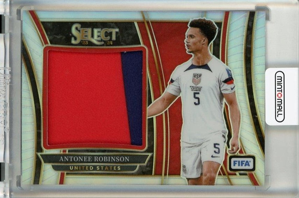 2023-24 Panini Select FIFA trading card featuring Antonee Robinson with jumbo swatches and serial number 27