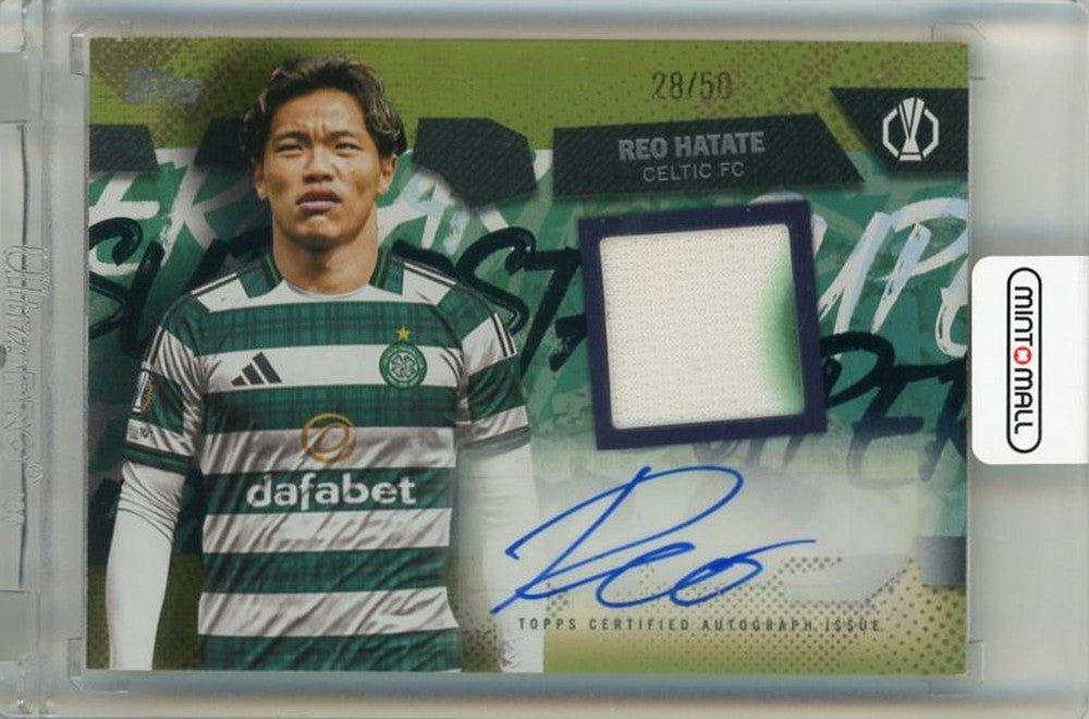 2025-26 Topps UEFA Club Competitions Reo Hatate Superstar Relic Autograph Gold Foil card #TSARREO28/50