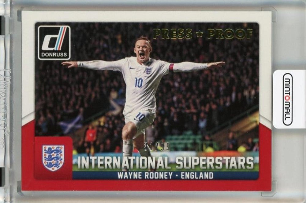 2015 Panini Donruss Wayne Rooney International Superstars Press Proof Gold card number 4831 out of 99 with minor stain on back
