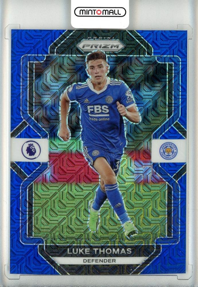 2022-23 Panini Prizm Premier League Soccer card featuring Luke Thomas Blue Mojo parallel numbered 102 out of 25