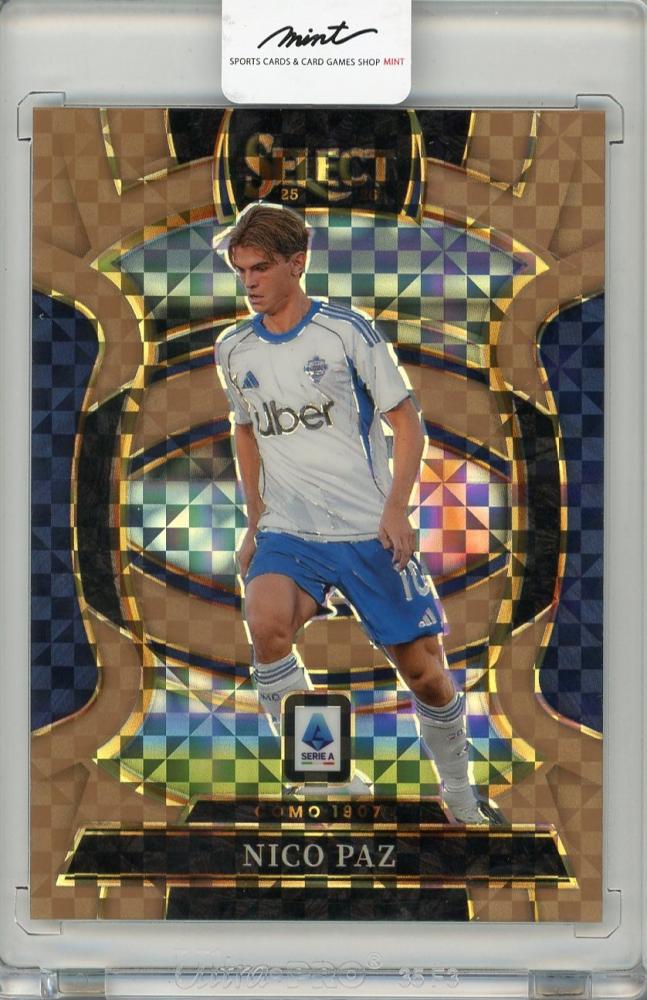 2025-26 PANINI SELECT SERIE A trading card featuring Nico Paz Bronze Checker #4975 out of 99 from Como 1907