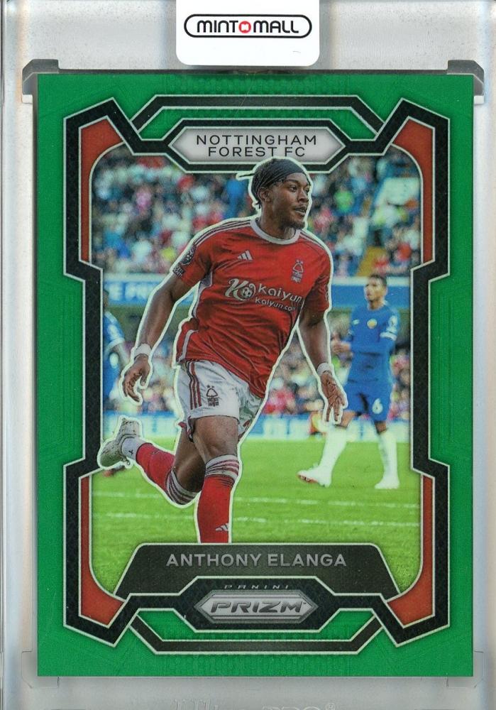 2023-24 Panini Prizm Premier League Soccer card featuring Anthony Elanga Green Prizms numbered 1 of 5 for Nottingham Forest FC