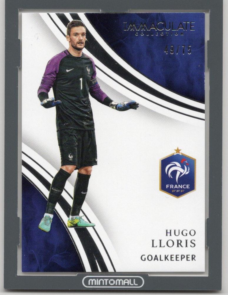 2017 Panini Immaculate Collection Hugo Lloris Base trading card numbered 49 out of 75 with visible back stain
