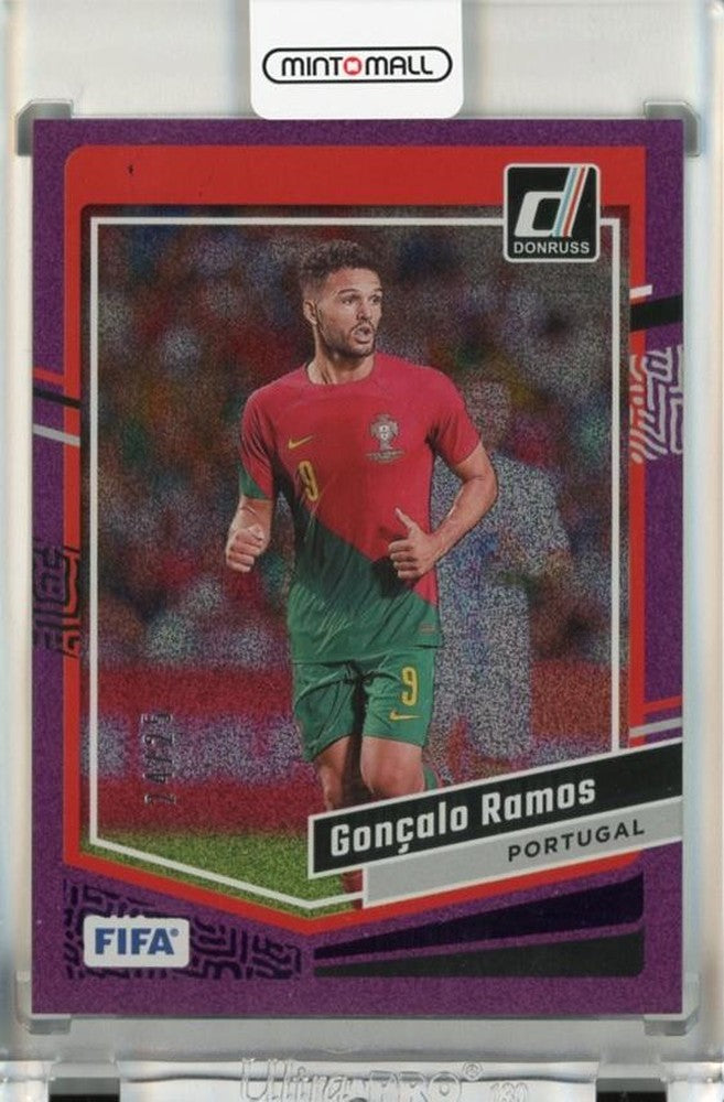 2023-24 Panini Donruss Goncalo Ramos Purple card serial number 4624/25 with minor stain on back
