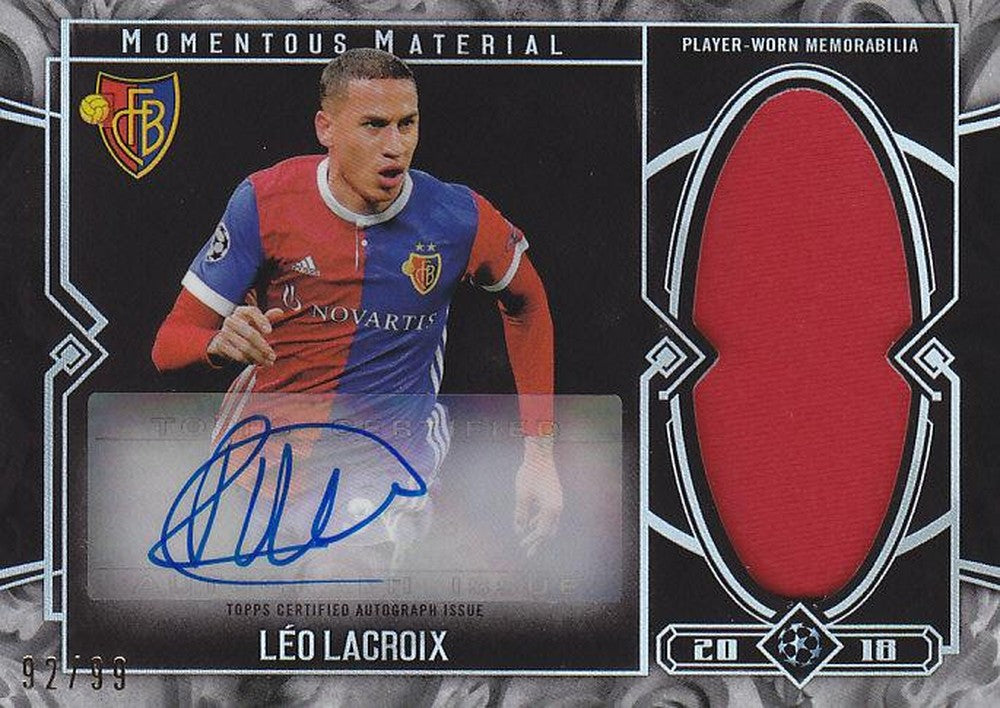 2017-18 Topps Museum Collection UEFA Champions League Leo Lacroix FC Basel card with autograph and jumbo relic