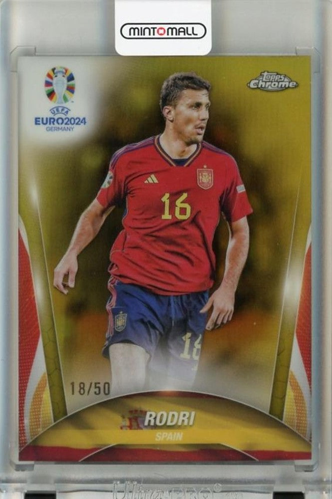 2024 Topps Chrome UEFA Euro collectible Rodri Gold Refractors card numbered 18 out of 50