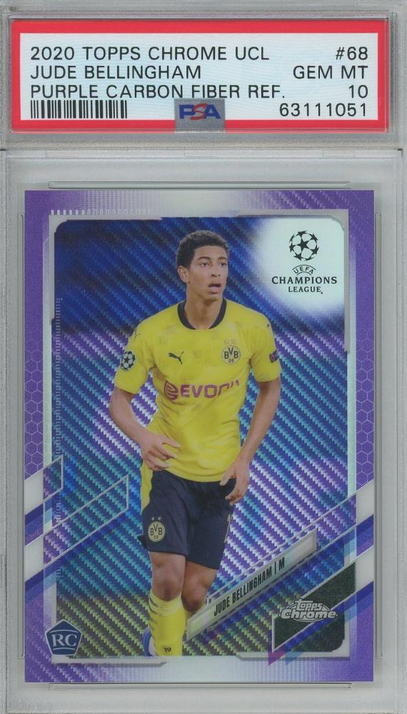 2020 Topps Chrome UCL Jude Bellingham RC Purple Carbon Fiber Refractor #68 PSA10 Borussia Dortmund card