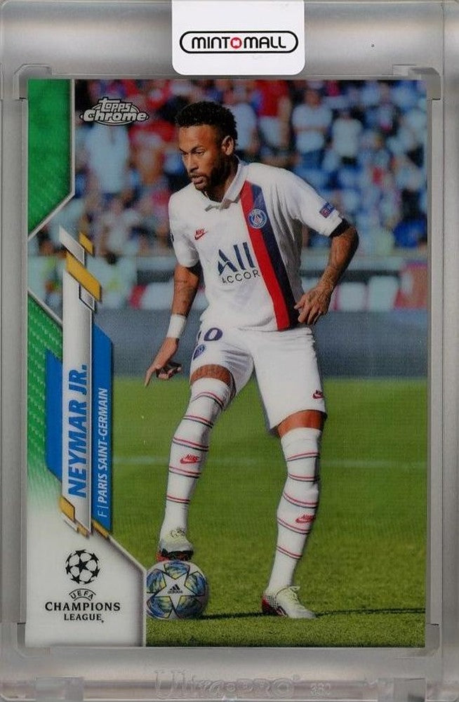 2019-20 Topps Chrome UEFA Champions League Neymar Jr Green Refractors card #95 numbered 48/99 with minor stain on back